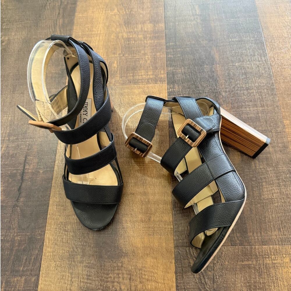 Jimmy Choo Black Leather Block Heel Sandals Ankle Strap Italy Size 38